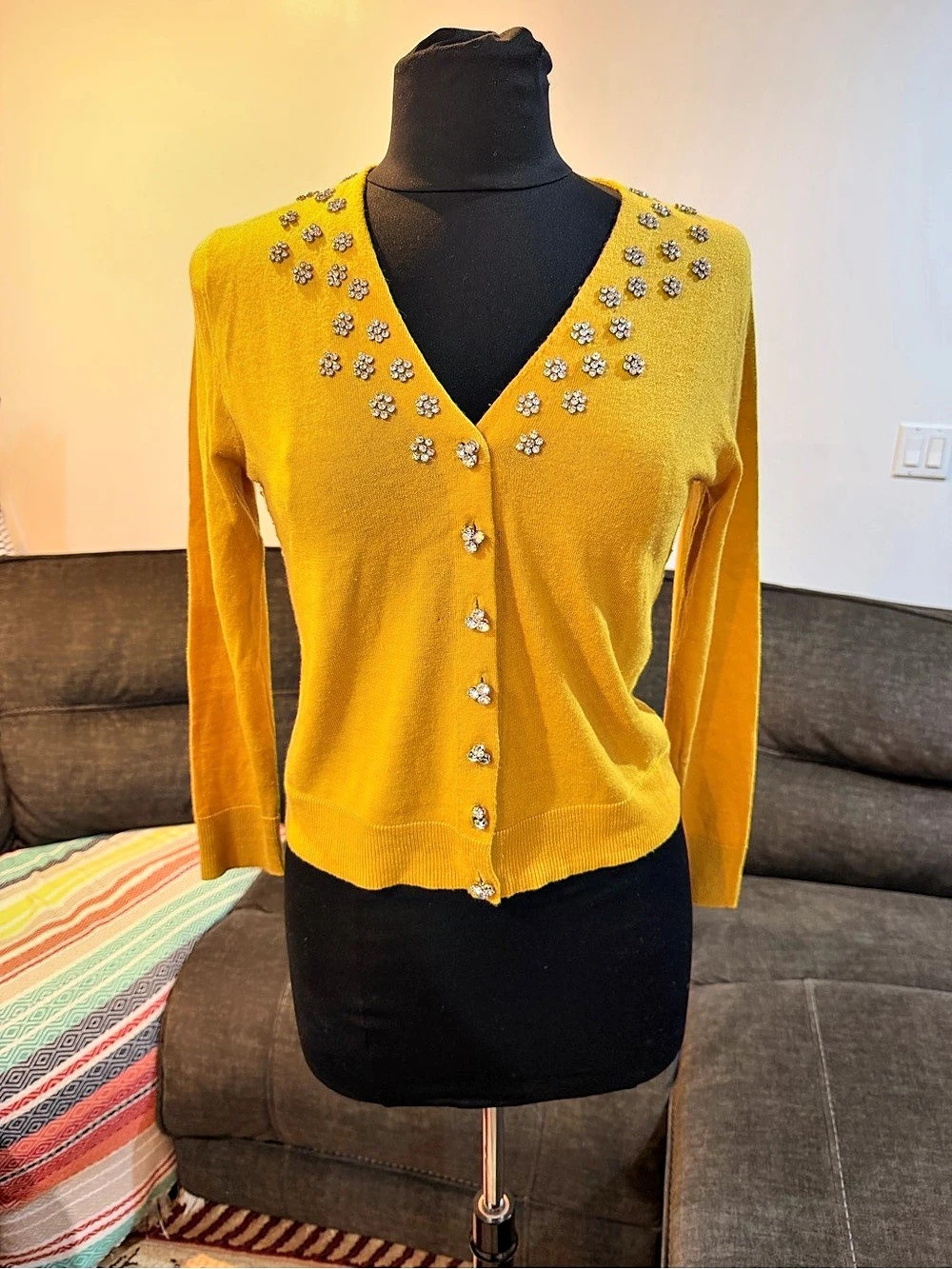 Zara Embellished Cardigan in Yellow Size Small